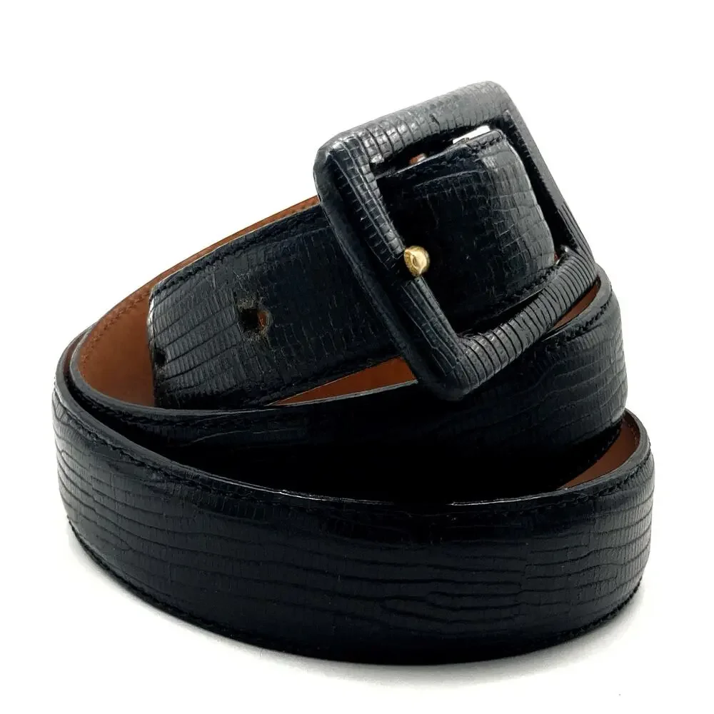 Vintage Italian Black Lizard Embossed Leather Belt Covered Buckle Ralph Lauren
